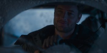 Movie still from “The Noel Diary” (2022), directed by Charles Shyer – A person driving a car at night; Close Up shot, Over the shoulder angle