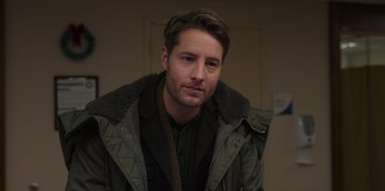 Movie still from “The Noel Diary” (2022), directed by Charles Shyer – A person wearing a jacket; Close Up shot, Over the shoulder angle