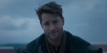 Movie still from “The Noel Diary” (2022), directed by Charles Shyer – A person wearing a jacket; Close Up shot, Over the shoulder angle