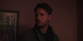 Movie still from “The Noel Diary” (2022), directed by Charles Shyer – A person wearing a jacket; Close Up shot, Low angle