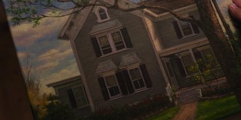 Movie still from “The Noel Diary” (2022), directed by Charles Shyer – A painting of an old house in the middle of the day; Extreme Wide shot, Low angle