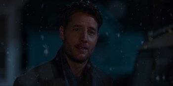 Movie still from “The Noel Diary” (2022), directed by Charles Shyer – A person wearing a jacket; Close Up shot, Over the shoulder angle