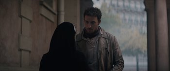 Movie still from “The Nun II” (2023), directed by Michael Chaves – A man and a woman standing next to each other; Close Up shot, Over the shoulder angle