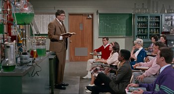Movie still from “The Nutty Professor” (1963), directed by Jerry Lewis – A group of people sitting in a room with a man in a brown suit; Wide shot, Over the shoulder angle
