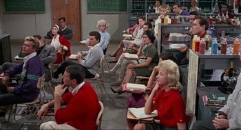 Movie still from “The Nutty Professor” (1963), directed by Jerry Lewis – A group of people sitting in a room; Wide shot, High angle