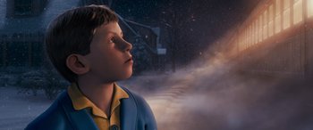 Movie still from “The Polar Express” (2004), directed by Robert Zemeckis – A boy is looking up at the sky in a snowy scene; Close Up shot, High angle