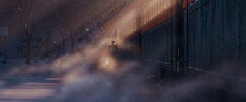 Movie still from “The Polar Express” (2004), directed by Robert Zemeckis – A steam train traveling down the tracks at night; Extreme Wide shot, Low angle