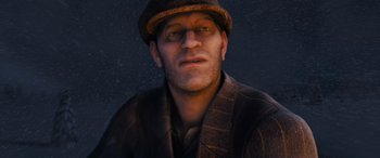 Movie still from “The Polar Express” (2004), directed by Robert Zemeckis – A man wearing a hat and a jacket; Close Up shot, High angle