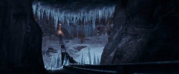 Movie still from “The Polar Express” (2004), directed by Robert Zemeckis – An image of an ice cave with icicles on the walls; Extreme Wide shot, High angle