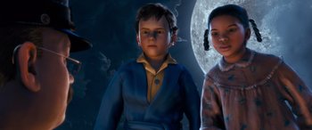 Movie still from “The Polar Express” (2004), directed by Robert Zemeckis – A boy and a girl standing next to each other in front of the moon; Medium shot, High angle