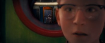 Movie still from “The Polar Express” (2004), directed by Robert Zemeckis – A man looking at himself in a mirror; Extreme Close Up shot, Over the shoulder angle