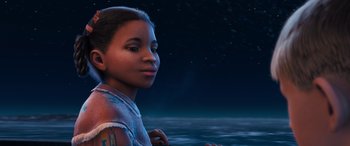 Movie still from “The Polar Express” (2004), directed by Robert Zemeckis – A young girl is standing in front of the ocean; Close Up shot, Over the shoulder angle
