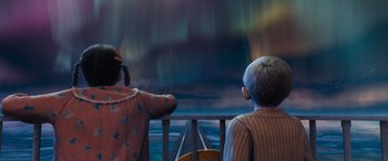 Movie still from “The Polar Express” (2004), directed by Robert Zemeckis – Two children looking out over a body of water; Medium shot, Over the shoulder angle