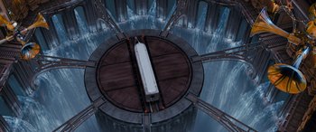 Movie still from “The Polar Express” (2004), directed by Robert Zemeckis – An overhead view of a train on a track; Extreme Wide shot, Overhead angle