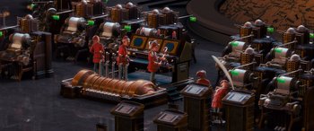 Movie still from “The Polar Express” (2004), directed by Robert Zemeckis – A group of people in red uniforms standing next to each other in a factory; Extreme Wide shot, High angle