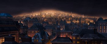 Movie still from “The Polar Express” (2004), directed by Robert Zemeckis – An artistic painting of a city at night; Extreme Wide shot, High angle