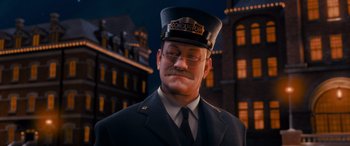 Movie still from “The Polar Express” (2004), directed by Robert Zemeckis – A person wearing a hat; Close Up shot, High angle