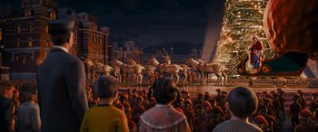 Movie still from “The Polar Express” (2004), directed by Robert Zemeckis – A crowd of people watching a parade of reindeer; Extreme Wide shot, High angle