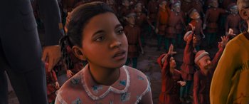Movie still from “The Polar Express” (2004), directed by Robert Zemeckis – An animated picture of a young girl in front of a crowd of people; Close Up shot, Over the shoulder angle