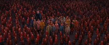 Movie still from “The Polar Express” (2004), directed by Robert Zemeckis – A large group of people standing next to each other; Extreme Wide shot, High angle