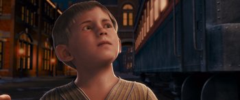 Movie still from “The Polar Express” (2004), directed by Robert Zemeckis – A young boy looking up into the sky; Close Up shot, High angle