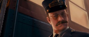 Movie still from “The Polar Express” (2004), directed by Robert Zemeckis – A train conductor with a mustache wearing a hat; Close Up shot, High angle