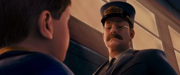 Movie still from “The Polar Express” (2004), directed by Robert Zemeckis – A man in a train conductor's uniform looking at himself in the mirror; Close Up shot, Over the shoulder angle