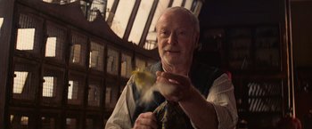Movie still from “The Prestige” (2006), directed by Christopher Nolan – An older man holding a bird in his hand; Close Up shot, Low angle