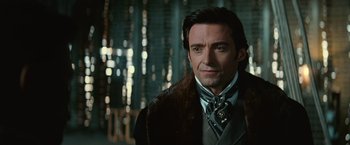 Movie still from “The Prestige” (2006), directed by Christopher Nolan – Hugh jackman in a scene from the movie ' les miserables '; Close Up shot, Over the shoulder angle