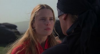 Movie still from “The Princess Bride” (1987), directed by Rob Reiner – A young woman and a blindfolded man talking to each other; Close Up shot, Over the shoulder angle