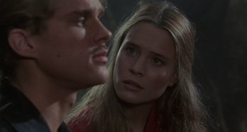 Movie still from “The Princess Bride” (1987), directed by Rob Reiner – A man and a woman staring at each other; Close Up shot, Over the shoulder angle