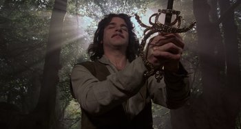 Movie still from “The Princess Bride” (1987), directed by Rob Reiner – A man holding a sword in front of a forest; Close Up shot, Low angle