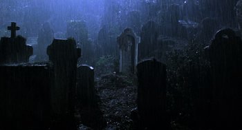Movie still from “The Return of the Living Dead” (1985), directed by Dan O'Bannon – A graveyard in the middle of the night; Extreme Wide shot, High angle