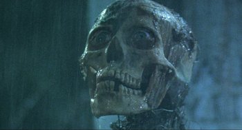 Movie still from “The Return of the Living Dead” (1985), directed by Dan O'Bannon – A skeleton head in a dark room; Close Up shot, Low angle