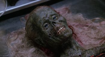 Movie still from “The Return of the Living Dead” (1985), directed by Dan O'Bannon – The face of an undead zombie; Close Up shot, High angle