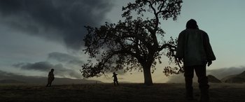 Movie still from “The Revenant” (2015), directed by Alejandro G. Iñárritu – A person standing in front of a tree in a field; Extreme Wide shot, Low angle