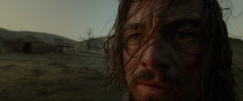 Movie still from “The Revenant” (2015), directed by Alejandro G. Iñárritu – A person with long hair; Close Up shot, Low angle