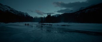 Movie still from “The Revenant” (2015), directed by Alejandro G. Iñárritu – A body of water near a forest at night; Extreme Wide shot, High angle