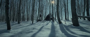 Movie still from “The Revenant” (2015), directed by Alejandro G. Iñárritu – A hut in the middle of the woods in the snow; Extreme Wide shot, Low angle