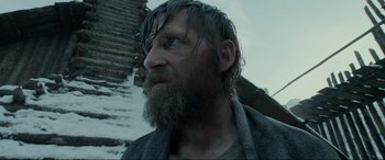 Movie still from “The Revenant” (2015), directed by Alejandro G. Iñárritu – A person with long hair and a beard; Close Up shot, Low angle