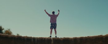 Movie still from “The Royal Hotel” (2023), directed by Kitty Green – A man standing on top of a hill with his arms raised; Wide shot, Low angle