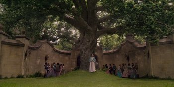 Movie still from “The School for Good and Evil” (2022), directed by Paul Feig – A group of people standing around a tree; Extreme Wide shot, High angle