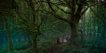 Movie still from “The School for Good and Evil” (2022), directed by Paul Feig – A group of people are walking through the woods; Extreme Wide shot, High angle