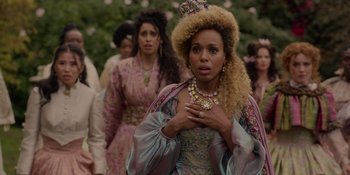 Movie still from “The School for Good and Evil” (2022), directed by Paul Feig – Two women in renaissance costumes are walking in a line; Close Up shot, Over the shoulder angle