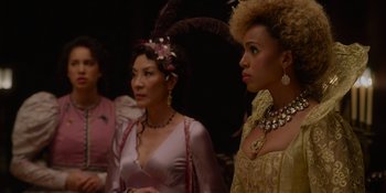 Movie still from “The School for Good and Evil” (2022), directed by Paul Feig – A group of women standing next to each other; Close Up shot, Over the shoulder angle