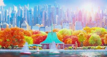 Movie still from “The Secret Life of Pets” (2016), directed by Chris Renaud – A colorful painting of a fountain in the middle of a city; Extreme Wide shot, Low angle