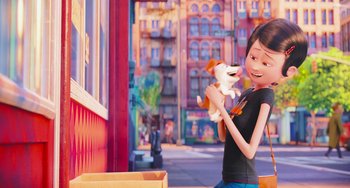 Movie still from “The Secret Life of Pets” (2016), directed by Chris Renaud – A woman holding a stuffed dog in her arms; Medium shot, Over the shoulder angle