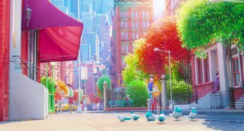 Movie still from “The Secret Life of Pets” (2016), directed by Chris Renaud – A man standing next to a bicycle on the sidewalk; Wide shot, Low angle