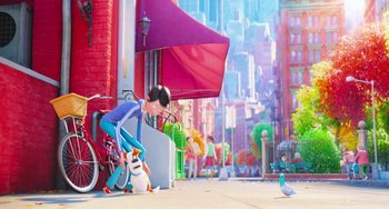 Movie still from “The Secret Life of Pets” (2016), directed by Chris Renaud – A person with a cat and a bird on a city sidewalk; Wide shot, Over the shoulder angle
