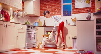 Movie still from “The Secret Life of Pets” (2016), directed by Chris Renaud – A woman and a dog in a kitchen; Wide shot, Low angle